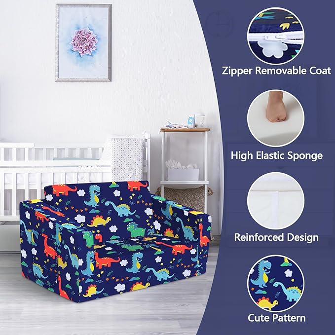 Kids Couch Convertible Sofa to Lounger for Toddler Boy, Foldable 2-in-1 Kids Sofa Bed, Toddler Chairs Comfy for Bedroom Playroom, Blue Dinosaur