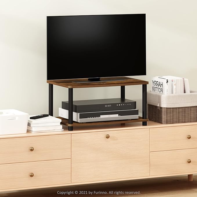 Furinno Turn-N-Tube 2-Tier TV Riser, Small Elevated No Tools TV Stand for TV up to 32 inch, 15.8" x 23.8" x 11", Amber Pine/Black