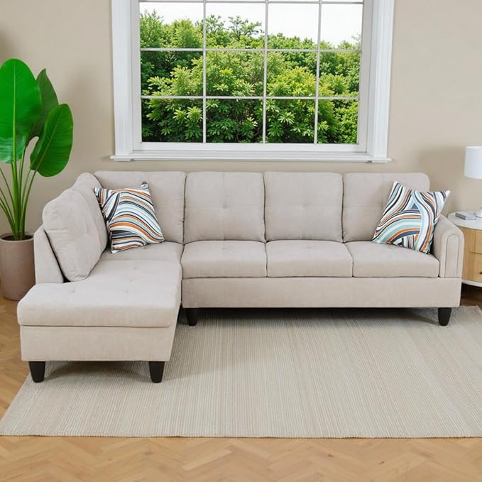 L Shaped Couch Sectional Couches with Chaise, Fluffy Fabric 3 Pieces Modular Convertible Sofa for Living Room Furniture Sets and Small Apartment, Light Grey