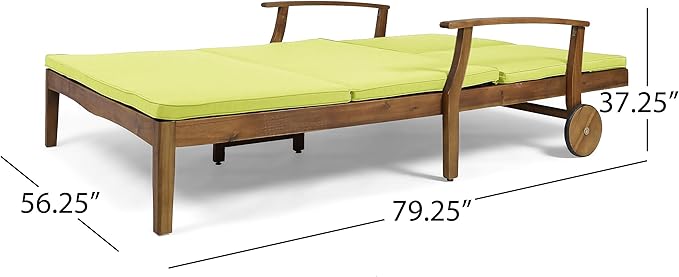 GDFStudio Samantha Double Chaise Lounge for Yard and Patio, Acacia Wood Frame, Teak Finish with Green Cushions, (307567)