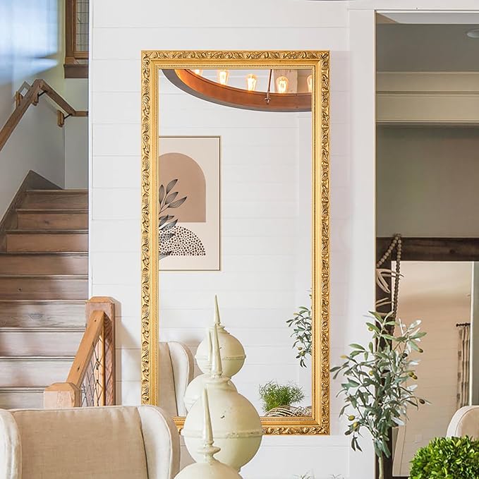Large Vintage Mirror for Wall, 46''x 22'' Gold Antiuqe Living Room Mirror with Ornate Wood Frame, Decorative Mirrors for Entryway, Bathroom, Foyer, Hangs Horizontally or Vertically