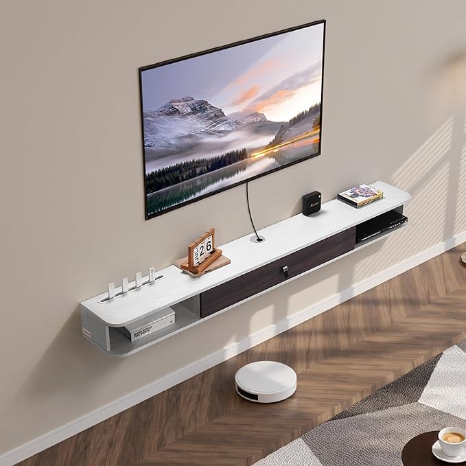 VEVOR Floating TV Stand, 70'' Wall Mounted TV Console Modern Floating Entertainment Center Under TV Shelf with Storage Cabinet, for Bedroom & Living Room, White