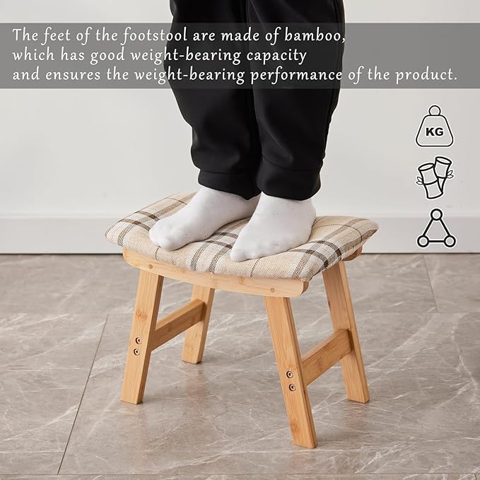 Foot Stool,Ottoman,Bamboo Small Sofa Foot Rest Under Desk,Extra Seating for Living Room, Bedroom and Kitchen (Natural Stool Legs - Stripes Surface)