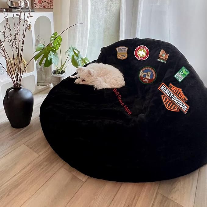BCU 7FT Big Bean Bag for Adults Kids Without Filling Funny Patterns Embroidered oversized Bean Bag Chair Cover for Stuffed Animal Storage, Black