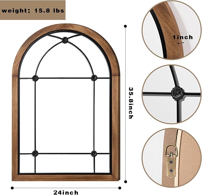 blue page Arched Mirror, Farmhouse Wall Decor Accent, Rustic Wood Framed Mirror Like Window for Bathroom, Bedroom, Entryway, or Living Room