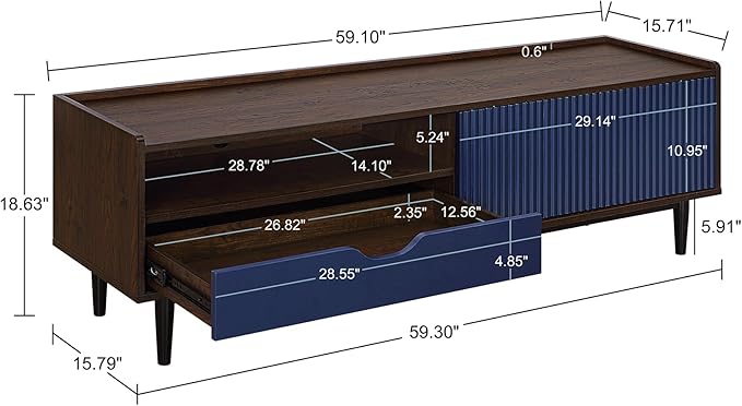 Manhattan Comfort Duane Modern Ribbed 55 Inch TV Stand with 1 Drawer, 2 Shelves, Sliding Door, and Wire Management, Mid-Century Style Entertainment Center and Media Console for Living Room, Navy Blue
