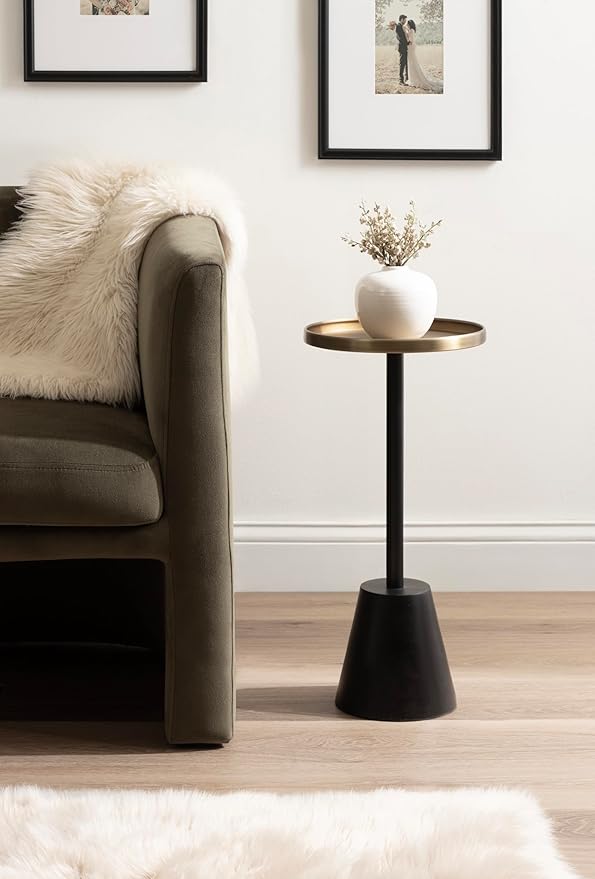 Kate and Laurel Tira Elegant Round Drink Table, 10 x 22, Antique Brass and Black, Vintage Glam Circle Martini Table for Use as a Small Bedroom Nightstand or Living Room Plant Stand Option