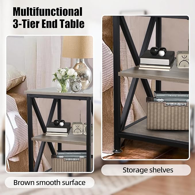 End Tables Living Room, 16" D x 16" W x 24" H, Indoor SideTables Living Room with Storage Shelf, Square End Table, X-Shaped Night Stands for Bedroom, Farmhouse Wood End Tables, Grey