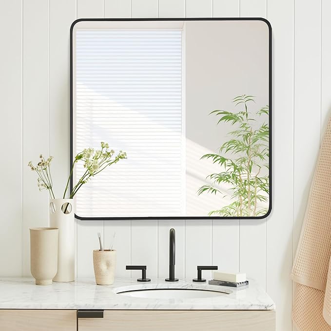 30x30 Inch Rectangle Bathroom Mirror with Black Metal Frame, Rounded Corner Rectangular Vanity Mirror for Wall, Modern Large for Bedroom, Living Room, Horizontal or Vertical