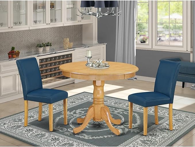 East West Furniture ANAB3-OAK-55 3 Piece Kitchen Table & Chairs Set Contains a Round Dining Room Table with Pedestal and 2 Oasis Blue Faux Leather Parsons Chairs, 36x36 Inch, Oak