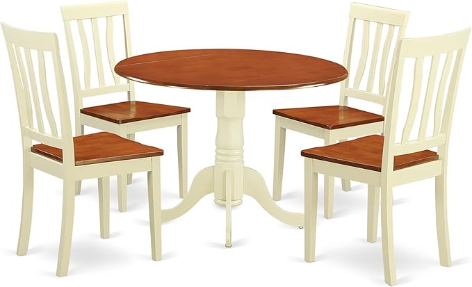 East West Furniture DLAN5-BMK-W 5 Piece Kitchen Table & Chairs Set Includes a Round Dining Room Table with Dropleaf and 4 Solid Wood Seat Chairs, 42x42 Inch, Buttermilk & Cherry