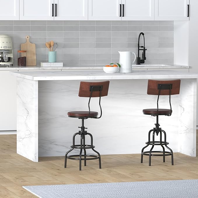 Diwhy Industrial Vintage Counter Stool, Kitchen Counter Height Adjustable Swivel Chair, Metal Frame Stool, with Wood Backrest, 20.47-26.77 Inch, Fully Welded Base, Set of 2