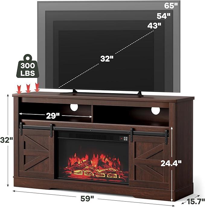 YESHOMY Fireplace TV Stand for Television up to 65+ Inch with Storage and Farmhouse Sliding Barn Doors, Entertainment Center with Cabinet and Shelves, Media Console for Living Room, Dark Brown