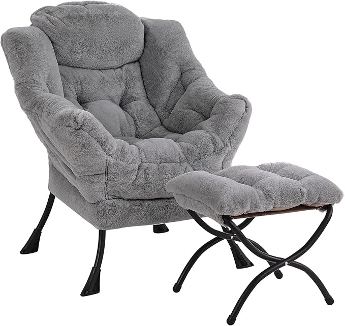 LITA Lazy Chair with Ottoman, Modern Accent Leisure Upholstered Sofa, Contemporary Lounge Reading Chair with Armrests and a Side Pocket for Living Room, Bedroom & Small Space, Plush Grey