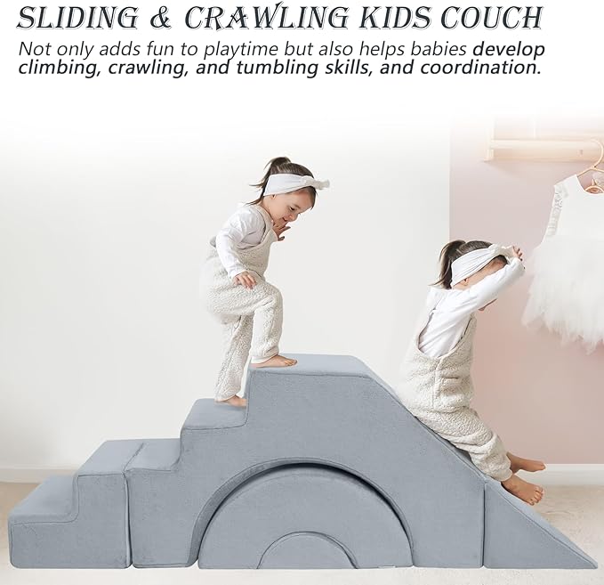 MeMoreCool Foam Climbing Toddler Couch, Modular Kids Sofa with Slide & Stair, Convertible Baby Couch for Playroom, Sectional Furniture for Crawling, Climbing, and Kids’ Play