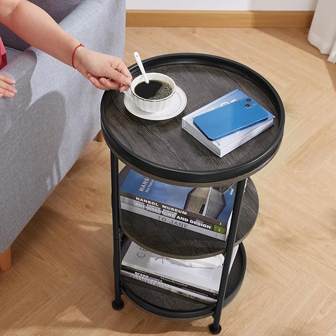 Dulcii Side Table, Round End Table with 3 Shelves for Living Room, Bedroom, Nightstand with Steel Frame for Small Spaces, Industrial Round Sofa Table, Outdoor Accent Coffee Table, Grey
