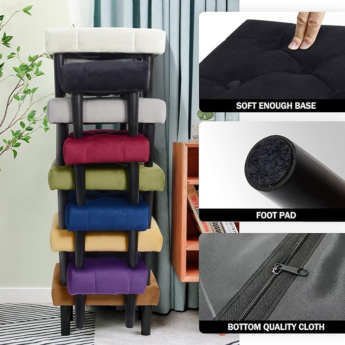 HOUCHICS Small Footstool Ottoman,Velvet Soft Footrest Ottoman with Wood Legs,Sofa Footrest Extra Seating for Living Room Entryway Office(Black 2PACK)