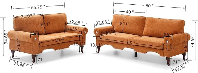 2 Piece Sectional Sofa Set, 2+3 Seat Convertible Couch with Movable Pillows, Upholstered Couches for Living Room, Orange