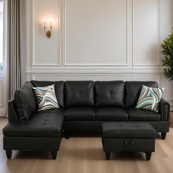 L Shaped Sectional Couches for Living Room, Modular Sectional Sofa with Ottoman Storage, Modern Comfy 4 Seat L Shaped Couch with Chaise for Bedroom Apartment Furniture, Black