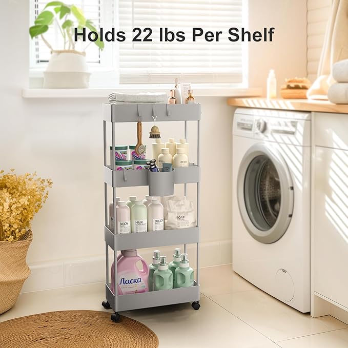 Pipishell Slim Storage Cart with Wheels, 4 Tier Bathroom Storage Organizer Rolling Utility Cart for Bathroom Kitchen Laundry Room Office Narrow Place (Gray)