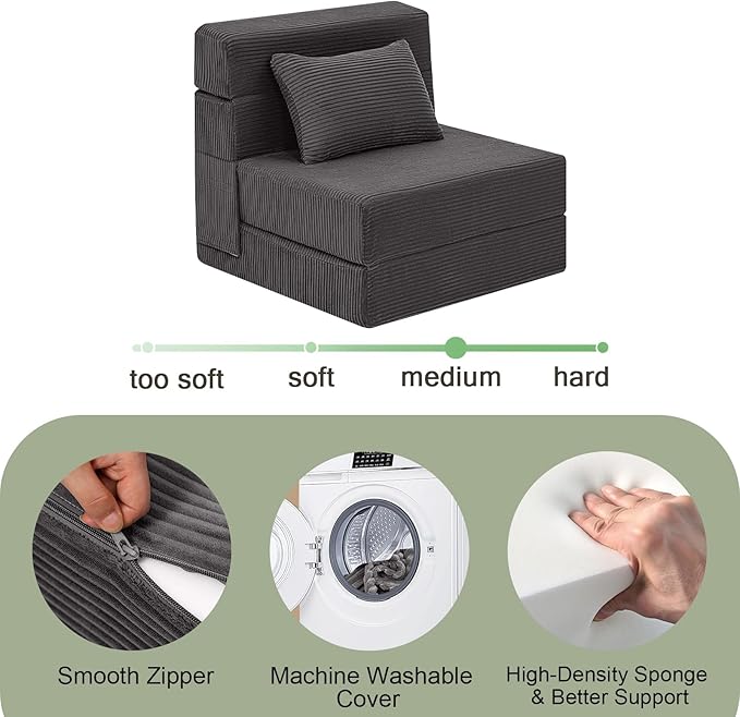 MeMoreCool Boneless Folding Sofa Bed Single, Corduroy Convertible Sleeper Chair, Foldable Foam Mattress Chair, Comfy Fold‑Out Futon Couch Bed, Small Floor Sofa Couch for Living‑Room Guest