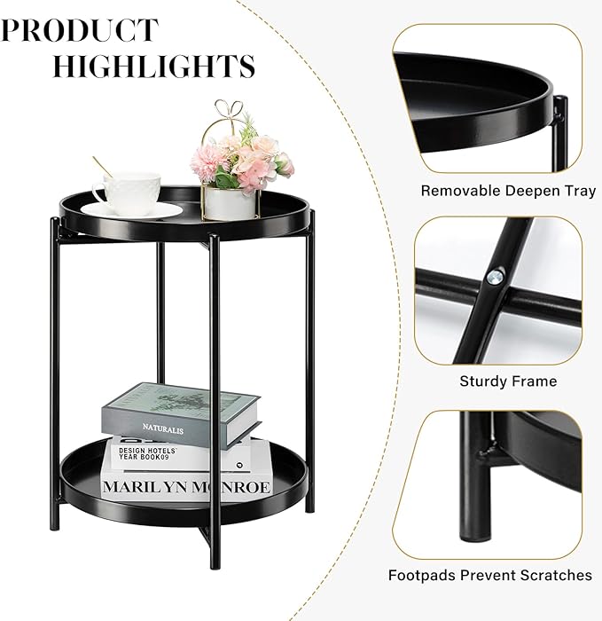 danpinera 2-Tier Round Side Table, Metal End Table with Removable Tray, Small Outdoor Table Accent Table, Anti-Rust Black Nightstand for Bedroom Balcony Patio (Black)