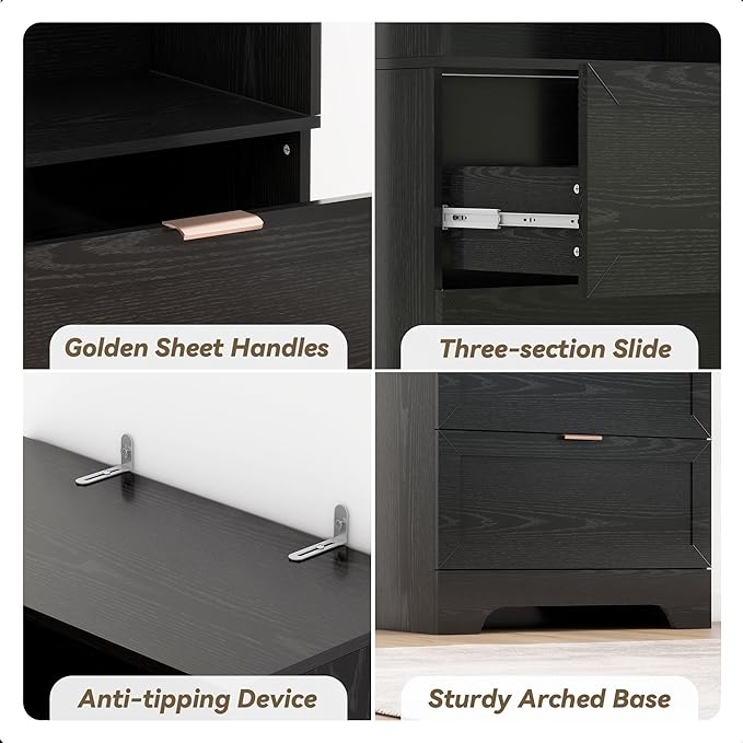 Modern Black Bookshelves and Bookcases with Drawers, 6 Tier Tall Bookshelf with Drawers, Industrial Wood Bookcase, Floor Standing Display Case with Storage,Living Room,Office