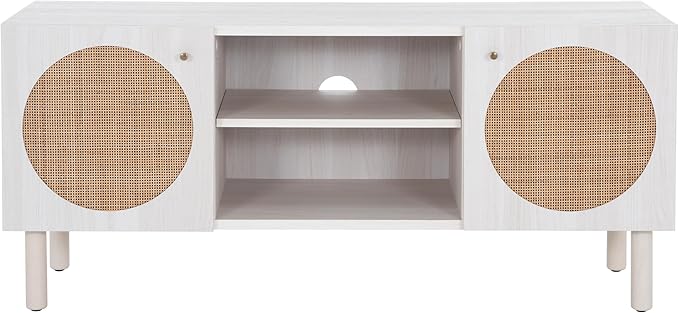 SAFAVIEH Home Collection Ophelia Bleached White/Natural Rattan 2-Door 2-Shelf Entertainment Media Stand (Fits up to a 50" Flatscreen TV)