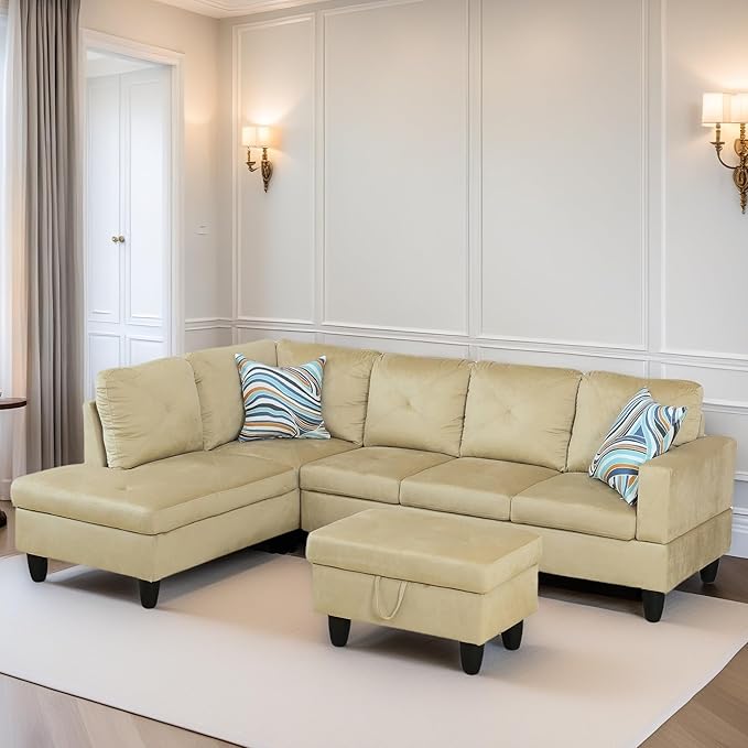 L Shaped Sectional Couch Sofa, Modern Couches for Living Room, Comfy 4 Seat Modular Sectional Sofa with Ottoman Storage for Bedroom Apartment, Beige