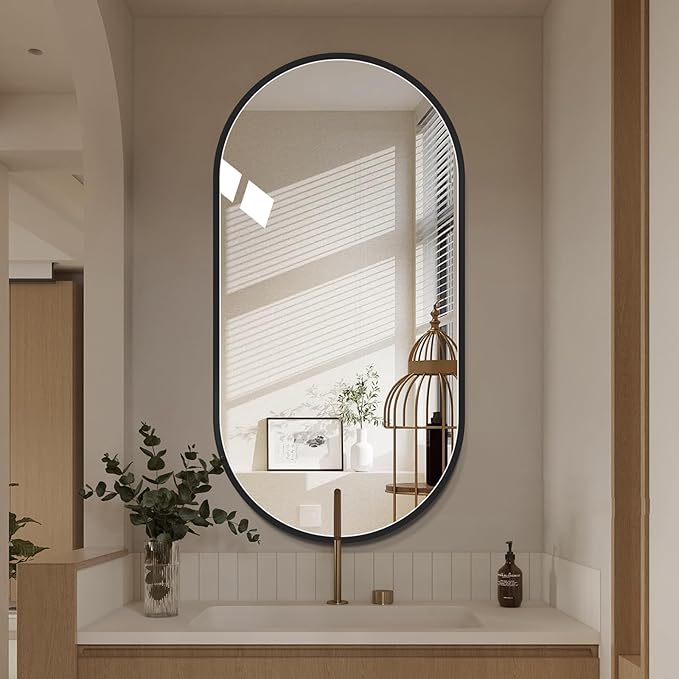 LAIYA 36x24inch Oval Wall Bathroom Mirror with Black Aluminum Frame,Wall Mounted Oval Vanity Mirrors， Explosion-Proof Glass, Waterproof Design, Easy Installation，Horizontally/Vertically