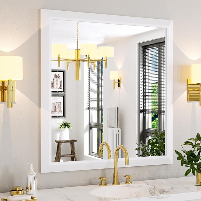 Amorho Bathroom Mirror, 40X38 Inch White Thick Metal Framed Wall Mirrors for Over Sink, Bedroom, Living Room, Entryway, Rectangle Wall-Mounted Mirrors(Horizontal/Vertical).