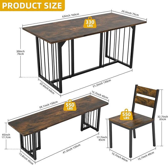 DWVO 63 Inch Dining Table Set for 6-8 People 6-Piece Large Kitchen Table Set with 2 Benches and 4 Chairs Farmhouse Rectangular Dining Room Table for Kitchen Dining Room Apartment Rustic Brown
