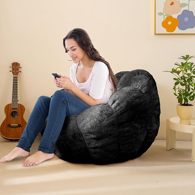 Pumpkin Bean Bag Sofa Chair, Bean Bag Chair with Filler for Teens, Kids, Toddler, Comfy and Lazy Sofa for Dorm, Apartment, Living Room and Bedroom, Black