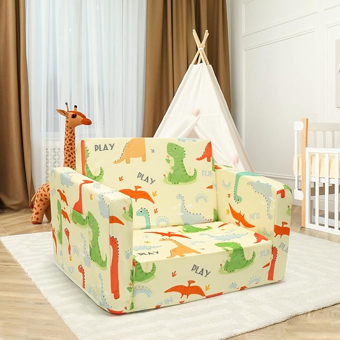 Dinosaur Kids Sofa Bed,Diary Kids Couch- Convertible 2-in-1 Lounger with Detachable Washable Cover, Foldable Toddler Chair, Flannel-Covered Toddler Armchair for Bedroom, Playroom, Naps & Travel