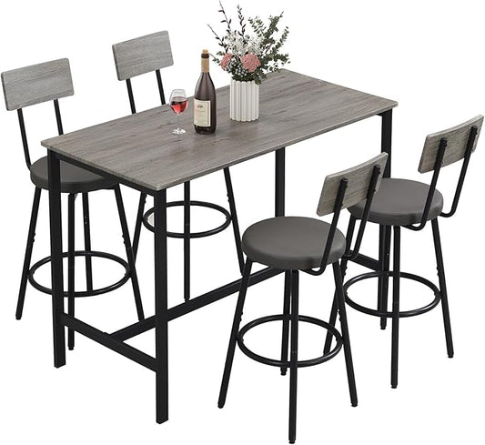 Dining Table Set for 4, 5-Piece Bar Table Set, Kitchen Table and Chairs, Counter Height High Top Table with 4 PU Upholstered Stools, Space-Saving Pub Table Sets for Small Space, Gray