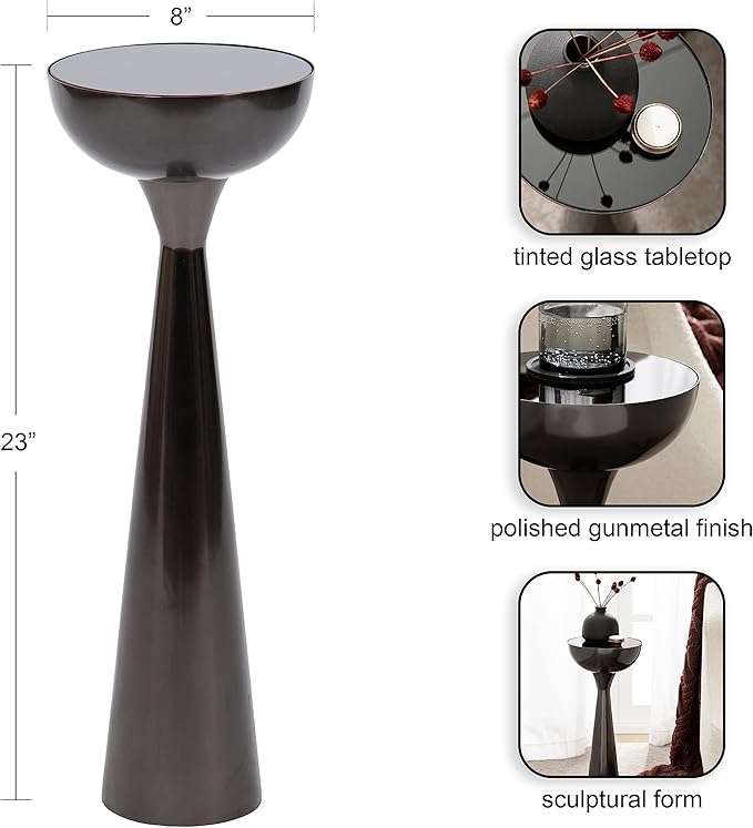 Kate and Laurel Chandon Modern Sophisticated Drink Table; 8 x 8 x 23; Gray Gunmetal; Contemporary Sculptural Plant Pedestal Table with Unique Tinted Tabletop and Polished Metallic Finish