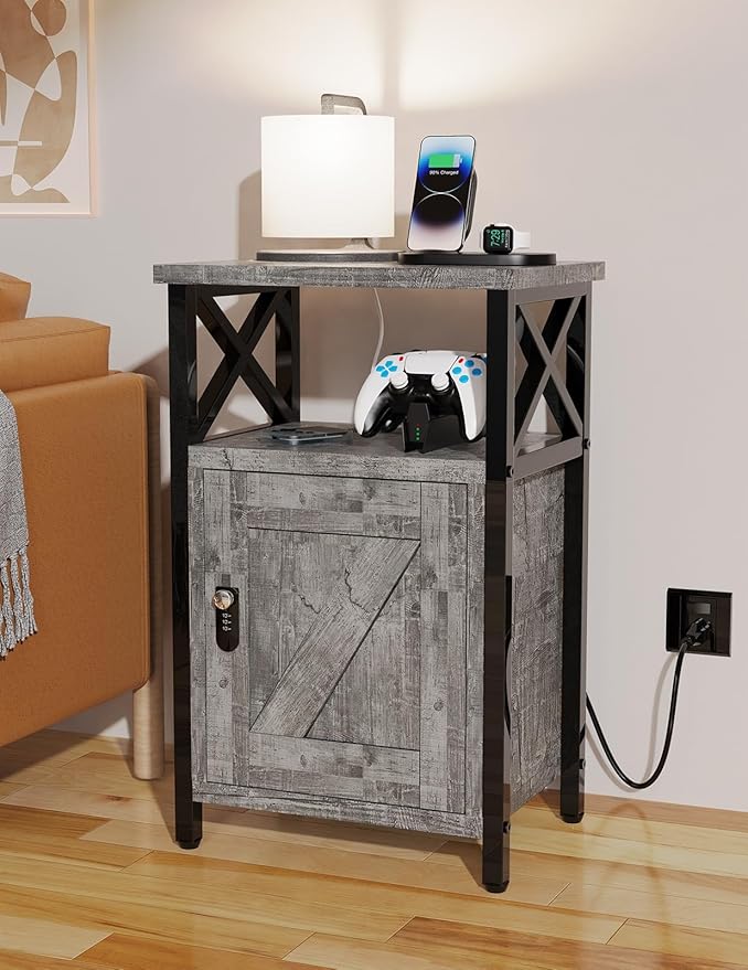 Wooden Nightstand with Lock, Bed Side Table with Drawers, Bedside Table with Charging Station, 3 USB & 2 Outlets, Night Stand with Storage, End Tables for Living Room, Bedroom (Ash Gray)