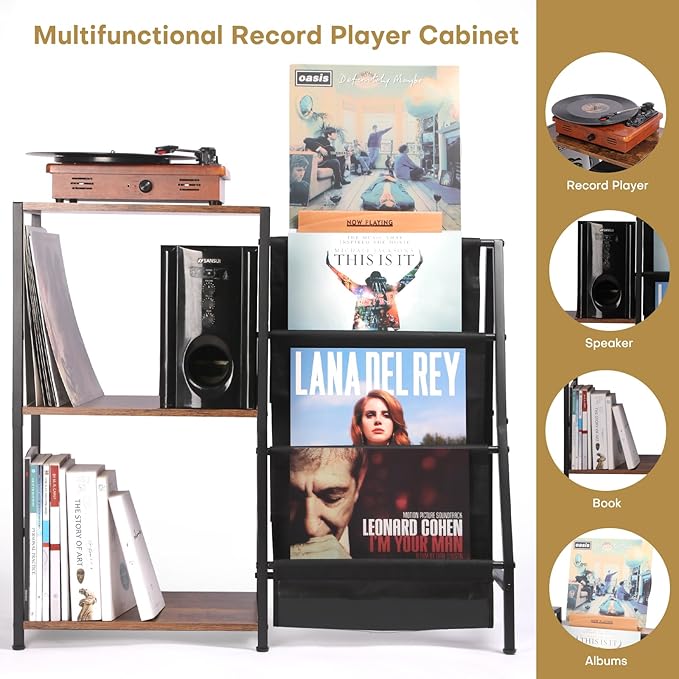 Record Player Stand, 3-Tier Vinyl Record Storage, Turntable Stand with Now Playing Holder, Vinyl Display for Living Room, Rustic Brown