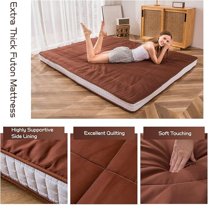 MAXYOYO Futon Mattress, Japanese Floor Mattress Queen Size, Quilted Bed Mattress Topper, Extra Thick Folding Sleeping Pad Breathable Floor Lounger Guest Bed for Camping Couch, Coffee