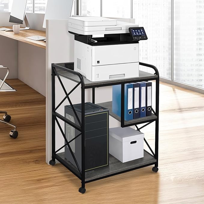Printer Stand Printer Table with Storage Shelf for Home Office 23 x 18 Inch Large Printer Stand with Power Outlet Rolling Printer Table with Wheels Pinter Cart Tower Stand Grey Oak