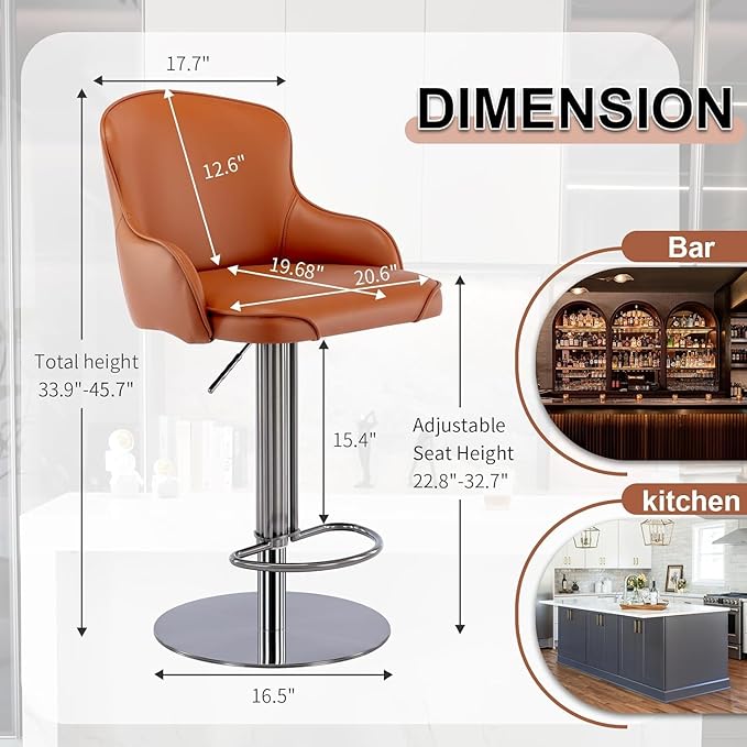 Black Titanium Stainless Steel Bar Stools,Grade Modern Leather Bar Chair with Backrest,Swivel Adjustable Height for Kitchen Counter and Dining Room (Brown Leather-2pcs)
