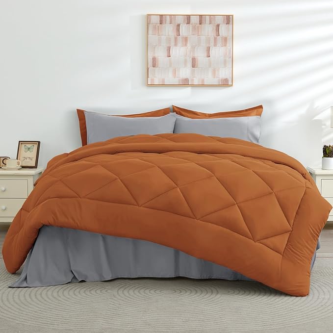 HEVUMYI Full Comforter Set - 7-Piece All Season Bed in a Bag Full, Ultra Soft Bedding Set with Comforter, Flat Sheet, Fitted Sheet, Pillowcases, Pillow Shams, Orange & Light Grey