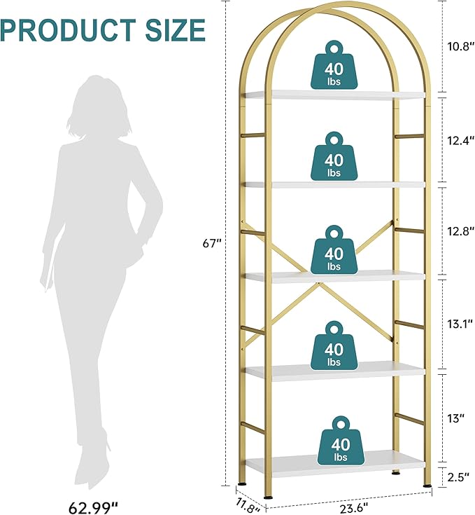 Shintenchi Bookshelf, Arched Bookshelf 5 Tier Bookcase Shelf for CDs/Books, Home Office Bookcase Shelf Storage Organizer, Modern Book Shelf for Bedroom/Living Room, Gold