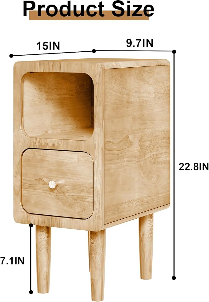 Narrow Nightstand, Solid Wood Night Stand with Drawers, Natural Mid Century Modern Nightstand, Small Beside Table with Open Storage Shelf for Bedroom (10 inch)