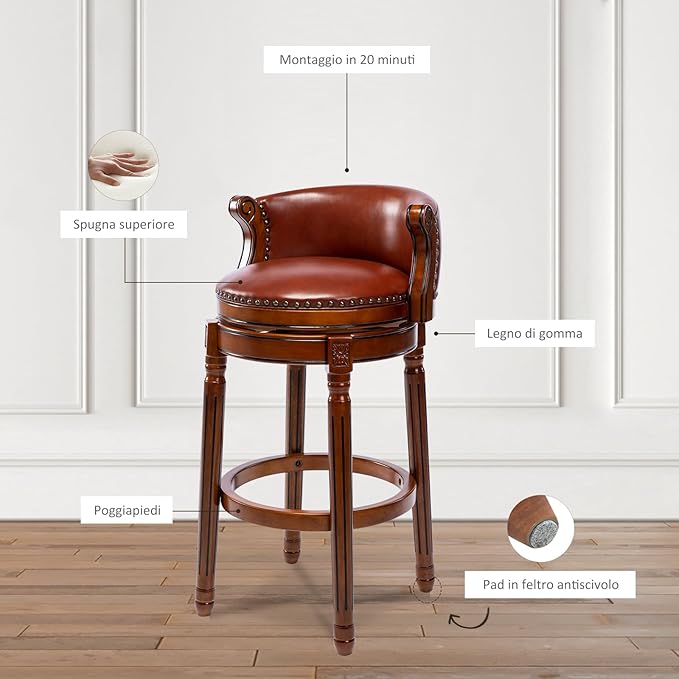 Cow top Leather Wooden Bar Stools, 29.5" Bar Height Bar Chair with Back, 180 Degrees Swivel Barstools Chair for Home Kitchen Counter,Dining Room, Restaurant,Study and Pub,1pc (Brown)