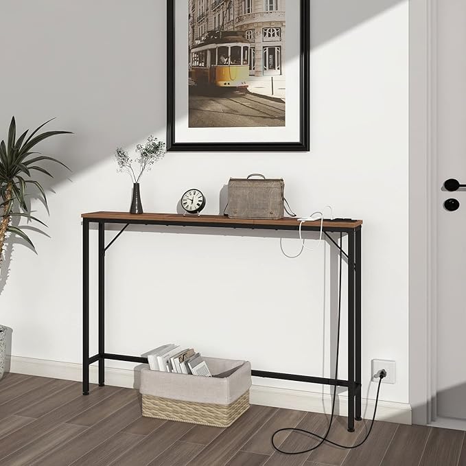 Tohomeor Skinny 5.9" Console Table 47.24" Narrow Long Sofa Table with Power Outlets USB Ports Industrial Wooden Entry Table for Entryway Living Room Hallway (Brown, L-94.4xW-5.91)