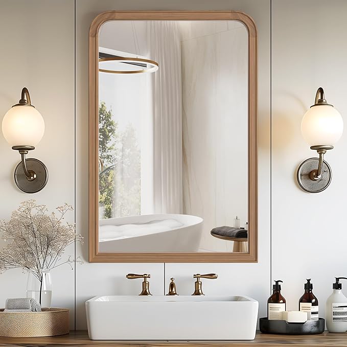 WallBeyond Wood Bathroom Mirrors for Wall Mounted, 24" x 36" Rustic Wood Frame Wall Mirrors Decorative for Living Room or Bedroom Vanity Mirror, Honey-Colored
