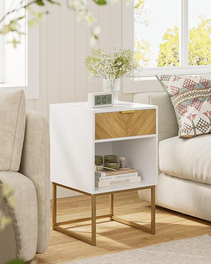 Nightstand,Modern Night Stand Boho Farmhouse Wood Bedside Table with Storage Drawer and Open Shelf,Side End Table for Bedroom,Living Room,White