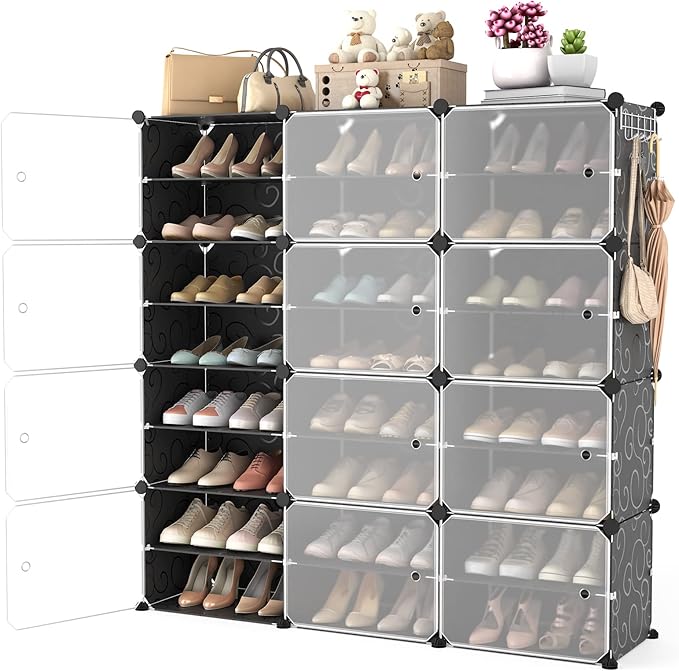 Portable Shoe Rack Organizer with Door, 48 Pairs Shoe Storage Cabinet Easy Assembly, Plastic Adjustable Shoe Organizer Stackable Detachable Free Standing Shoe Rack DIY Expandable 8 Tier Black