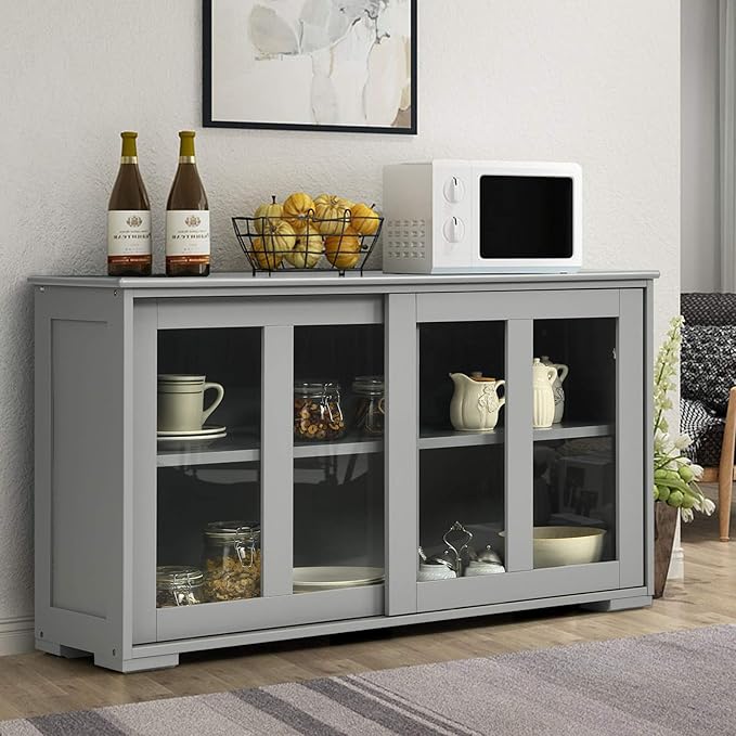 Costzon Sideboard Buffet Cabinet, Wooden Kitchen Storage Cabinet with Adjustable Shelf, Sliding Glass Doors, Accent Coffee Bar Cabinet Console Table for Living Room, Dining Room, Hallway (Grey)